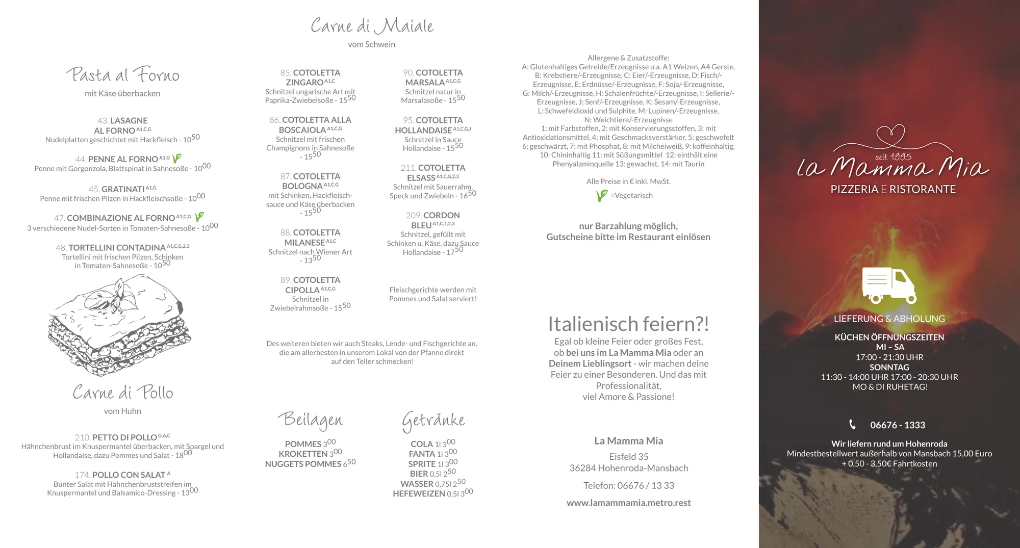Lieferkarte des La Mamma Mia, Seite 1: Pasta al Forno, Schnitzelgerichte, Beilagen, Getränke und Lieferbedingungen
