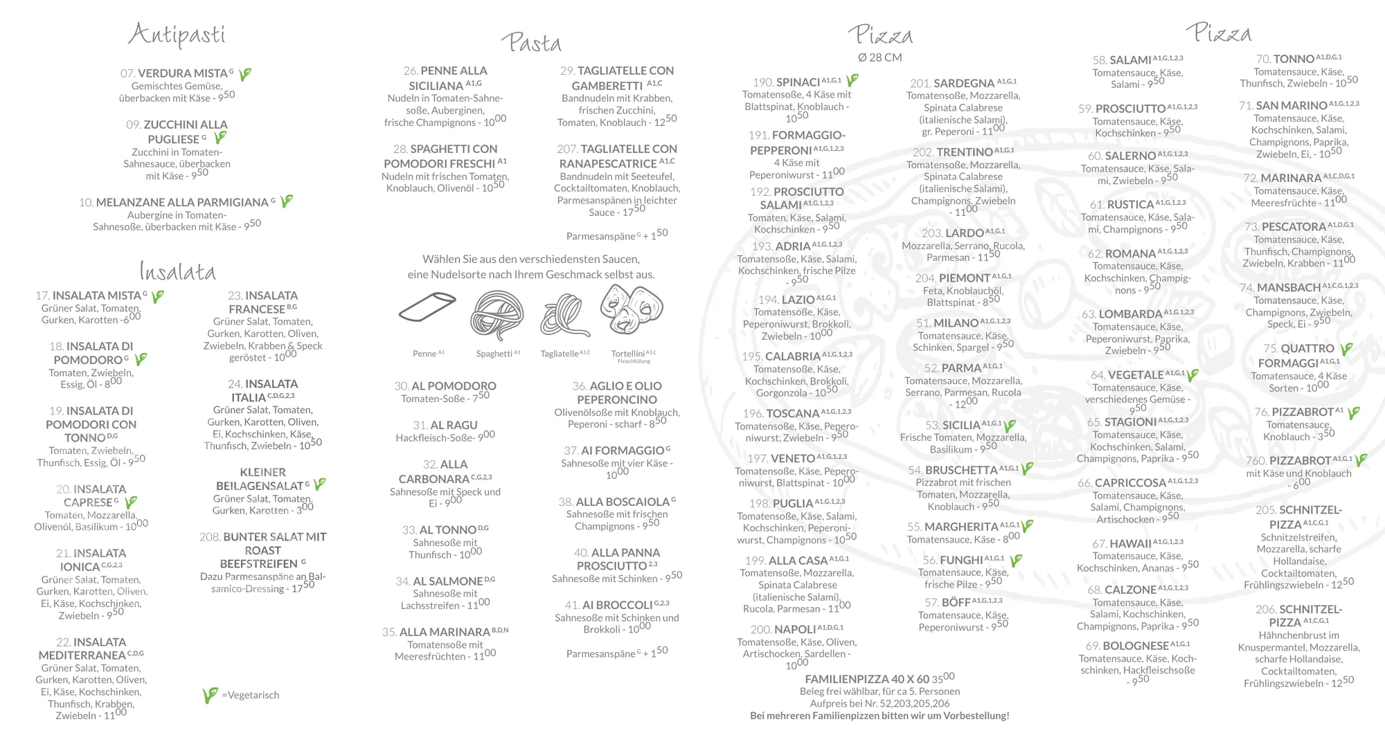 Lieferkarte des La Mamma Mia, Seite 2: Pizza, Pasta, Salate und Vorspeisen